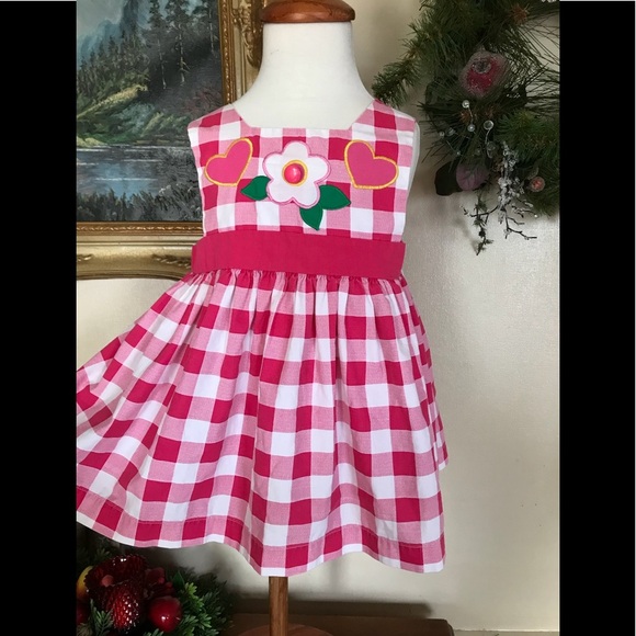 🩷 Pink Sleeveless Pinafore Gingham Flower Dress 2T - Picture 1 of 9